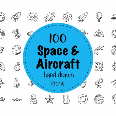 100 Space And Aircrafts Doodle Icons cover image.