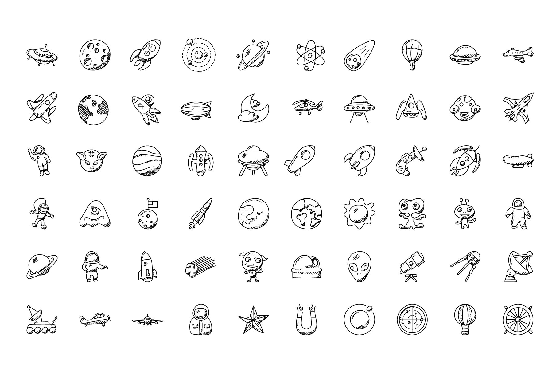 100 Space And Aircrafts Doodle Icons preview image.