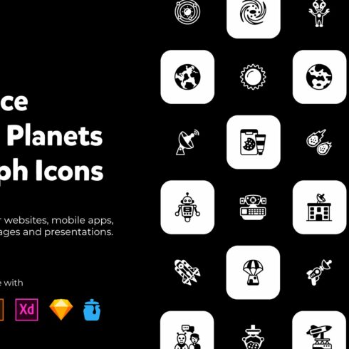 Space and Planets solid icons cover image.