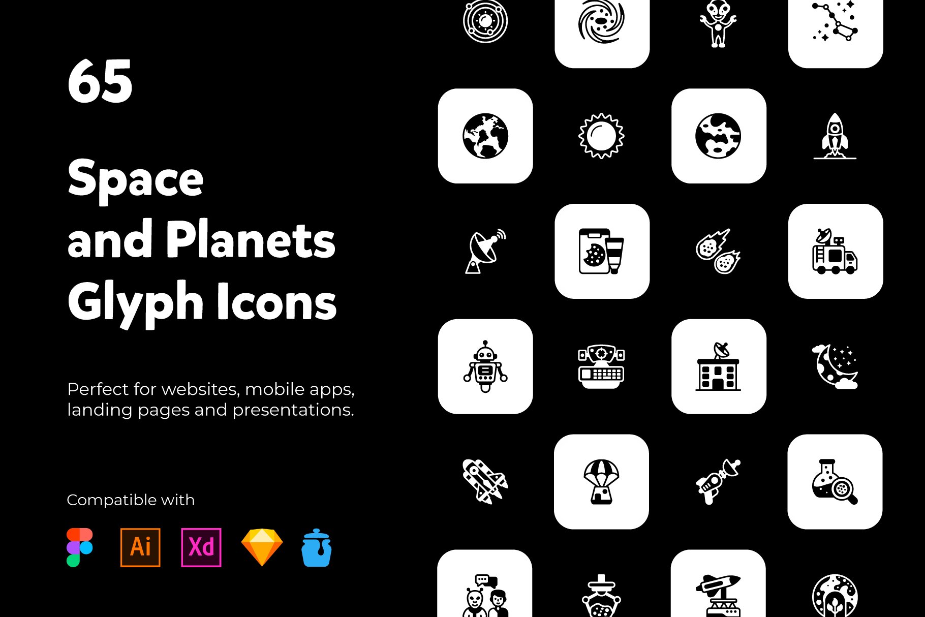 Space and Planets solid icons cover image.