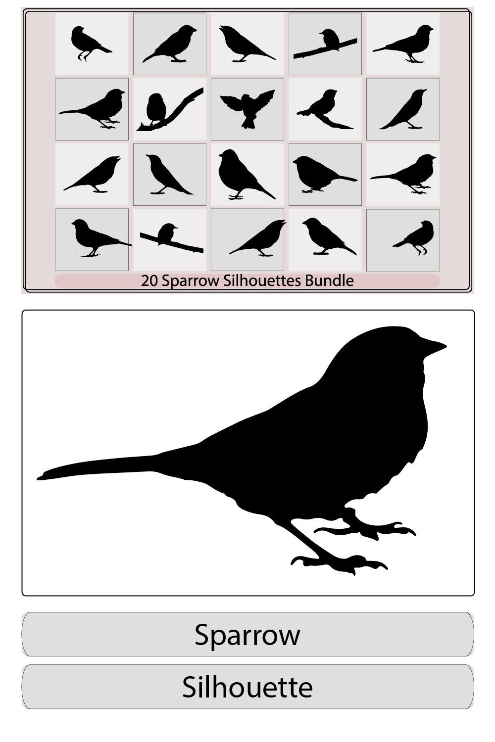 Vector Collection of Bird Silhouettes,sparrow vector silhouette,Vector silhouettes of birds, hand drawn songbirds,Icon set of Sparrow bird pinterest preview image.