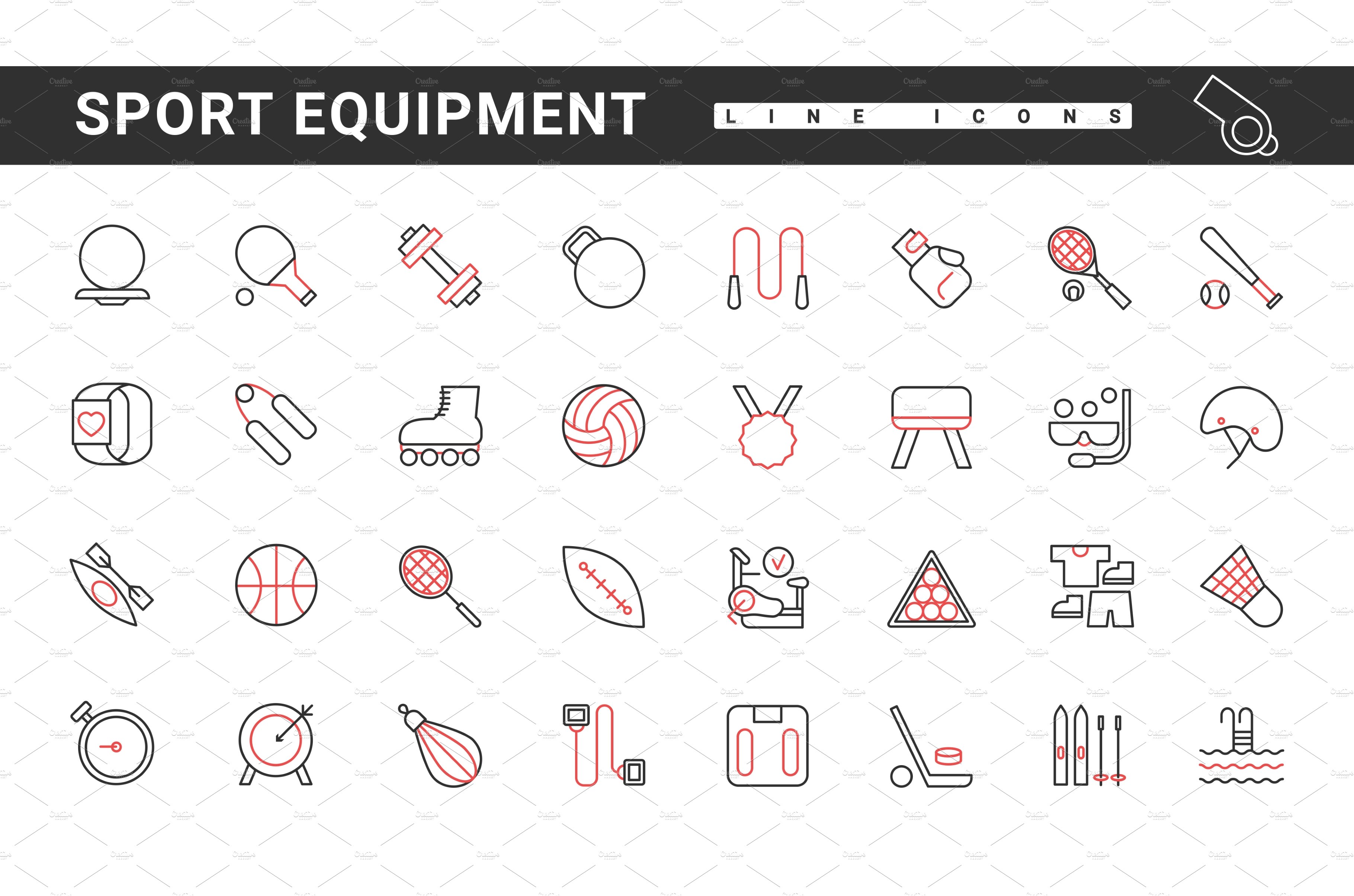 Sport gym equipment line icons set cover image.