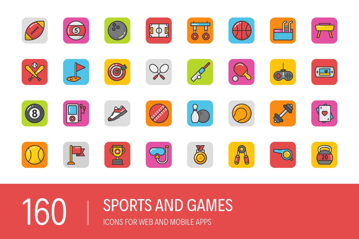 160 Sports and Games Icons cover image.