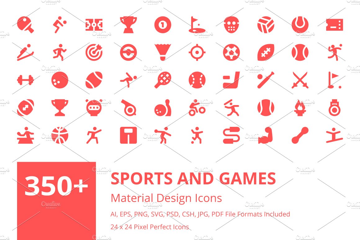 350+ Sports and Games Material Icons cover image.