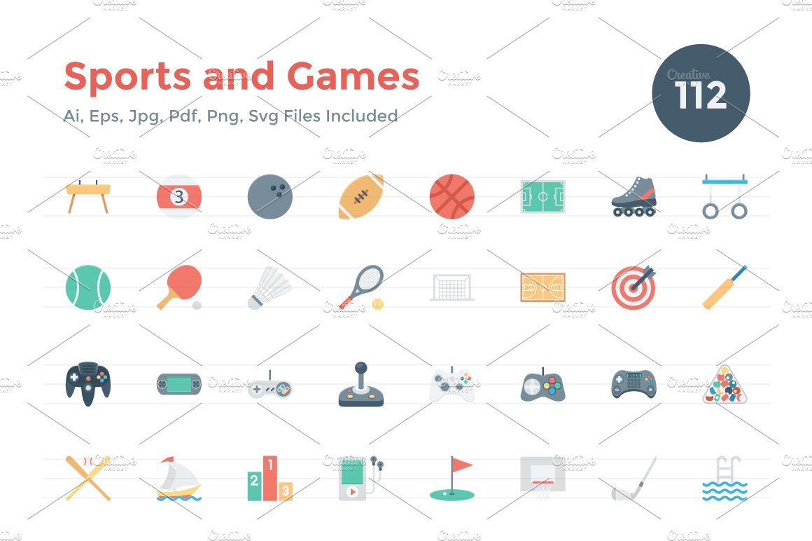 112 Flat Games and Sports Icons cover image.