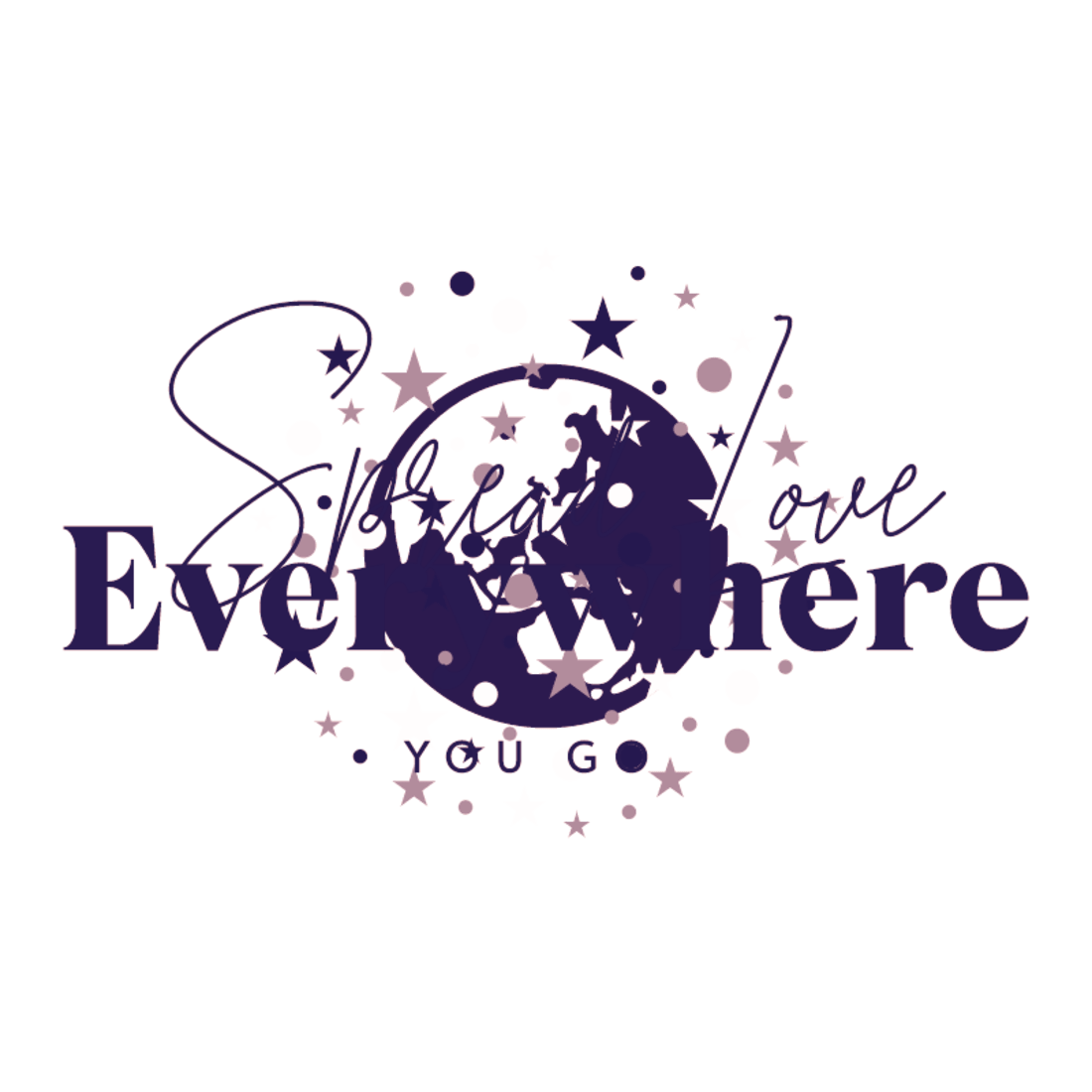 Purple and red logo with stars around it.