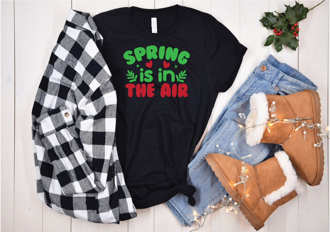 Black shirt that says spring is in the air.