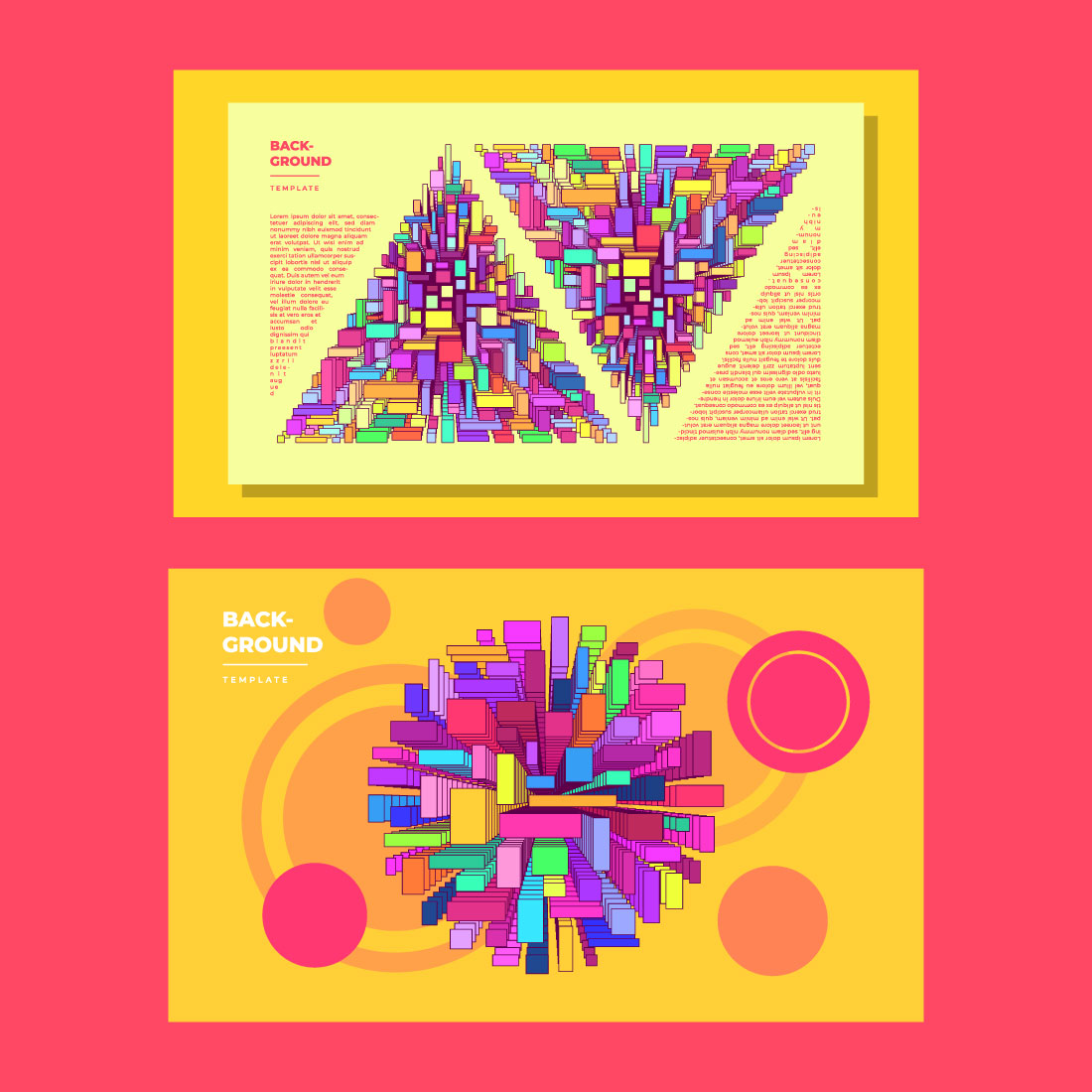 Set of two colorful brochures on a pink and yellow background.