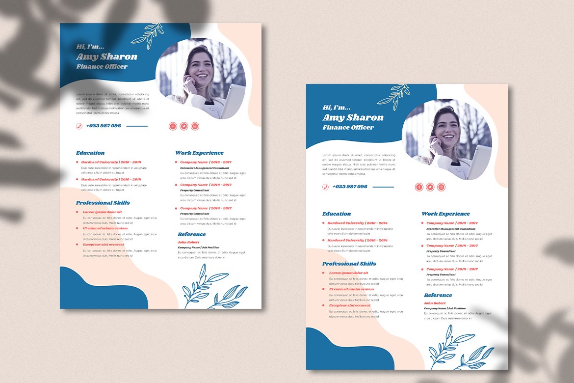 Blue and pink resume template with a picture of a woman.