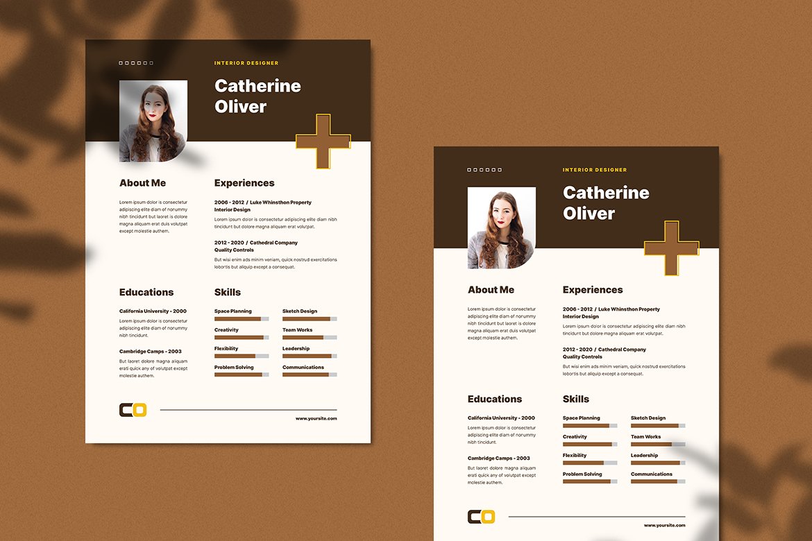 Two resume templates on a brown background.