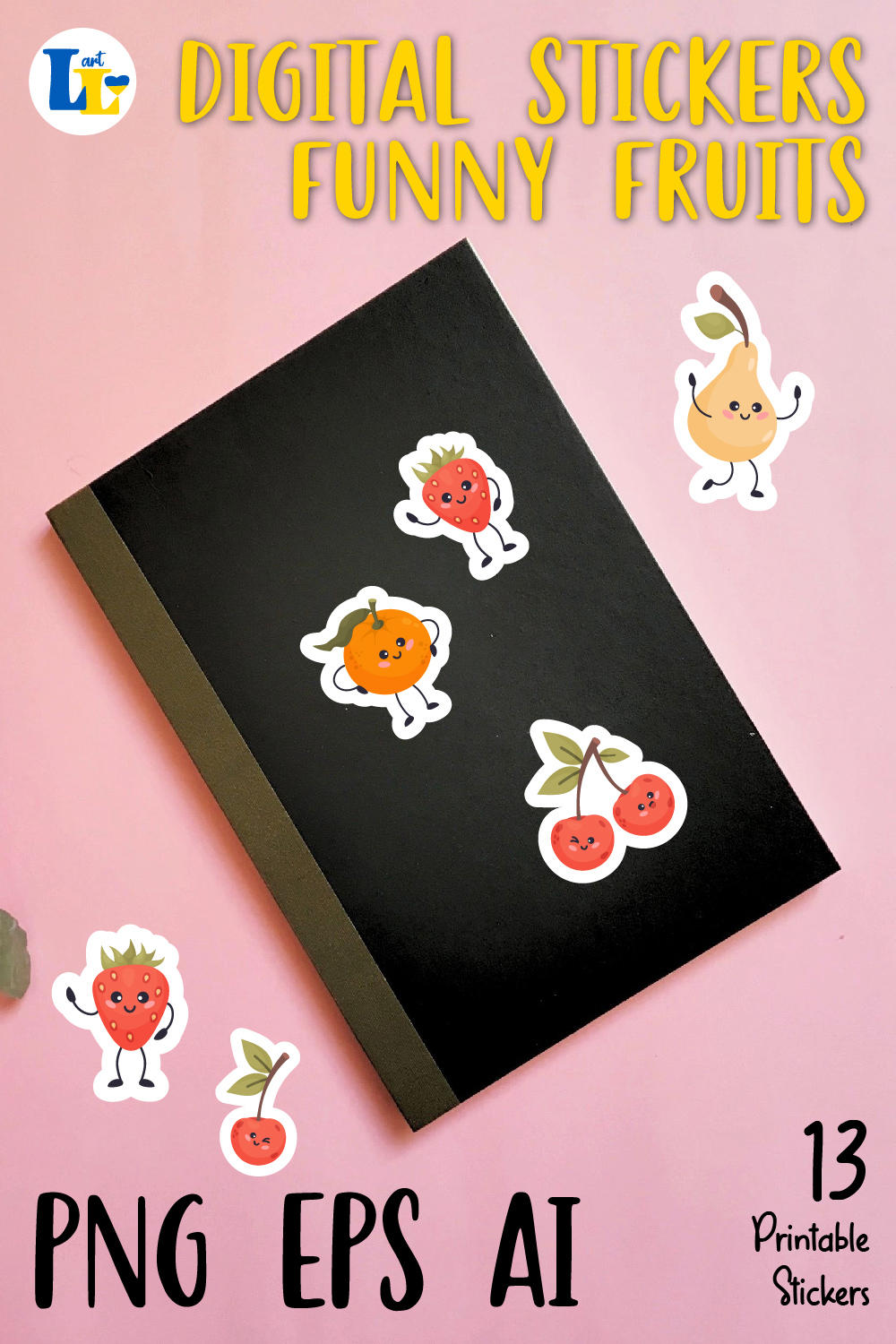 Cute fruit kawaii characters stickers bundle | 13 Printable digital sticker pinterest preview image.