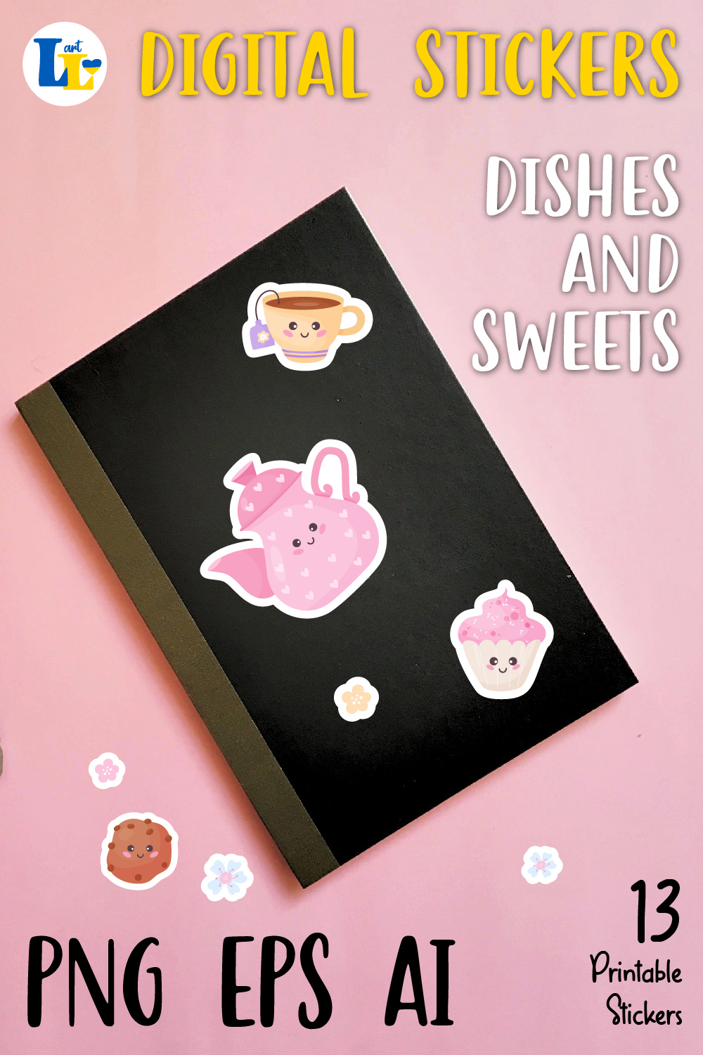 Cute Dishes and sweets | Printable digital sticker PNG pinterest preview image.
