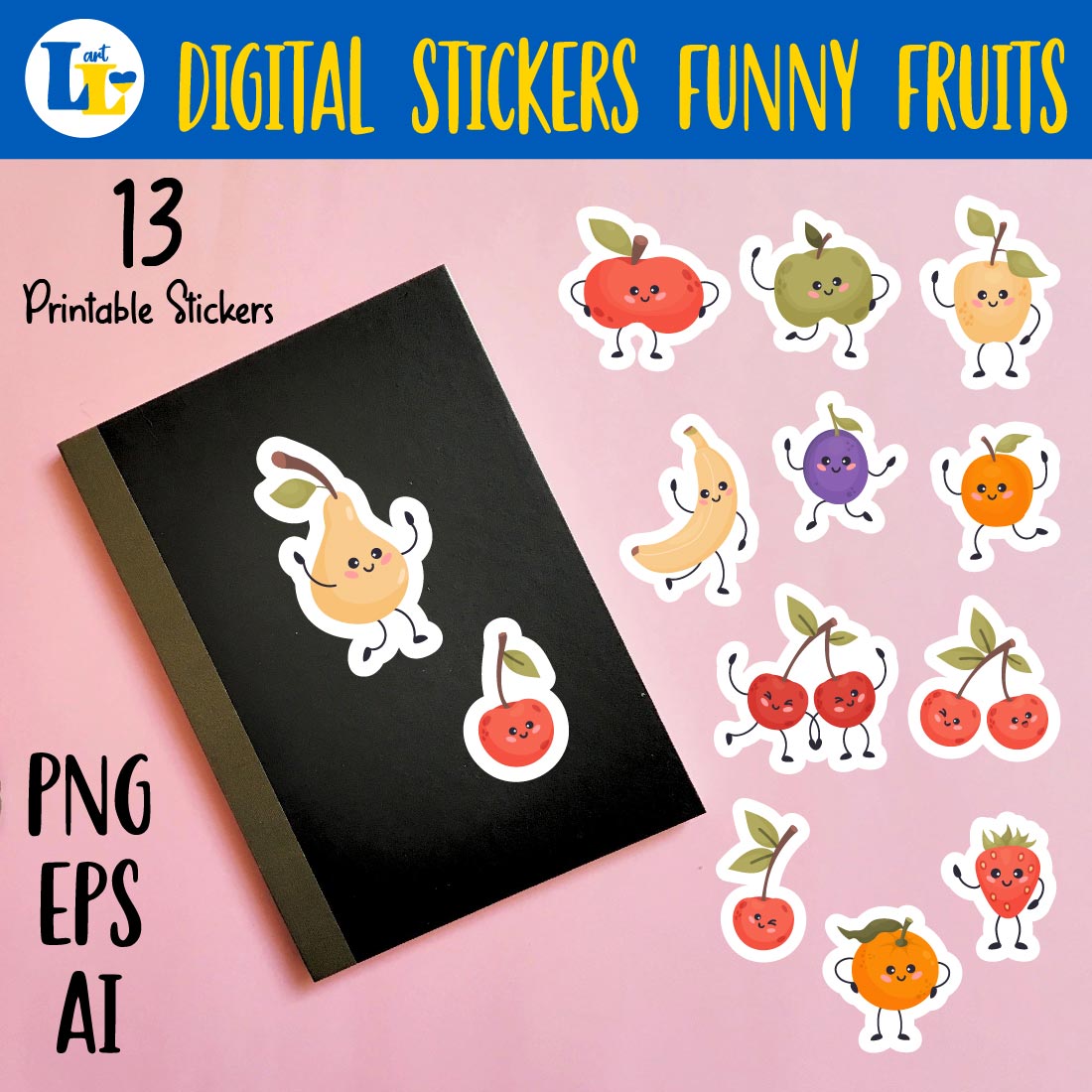 Cute fruit kawaii characters stickers bundle | 13 Printable digital sticker cover image.