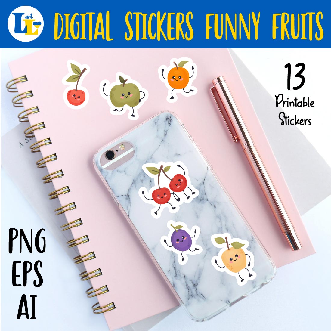 Cute fruit kawaii characters stickers bundle | 13 Printable digital sticker preview image.