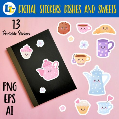 Cute Dishes and sweets | Printable digital sticker PNG cover image.