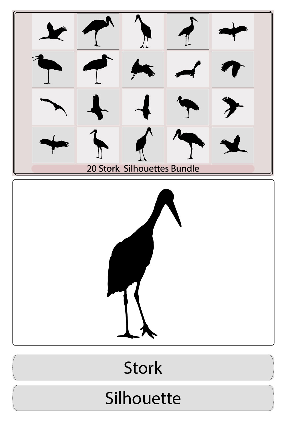 Stork Silhouette Icon Vector Bundle,Cute sparrow for world sparrow day,silhouette of sparrow,Black silhouette Icon set of Sparrow bird pinterest preview image.
