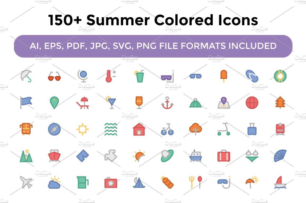 150+ Summer Colored Icons cover image.