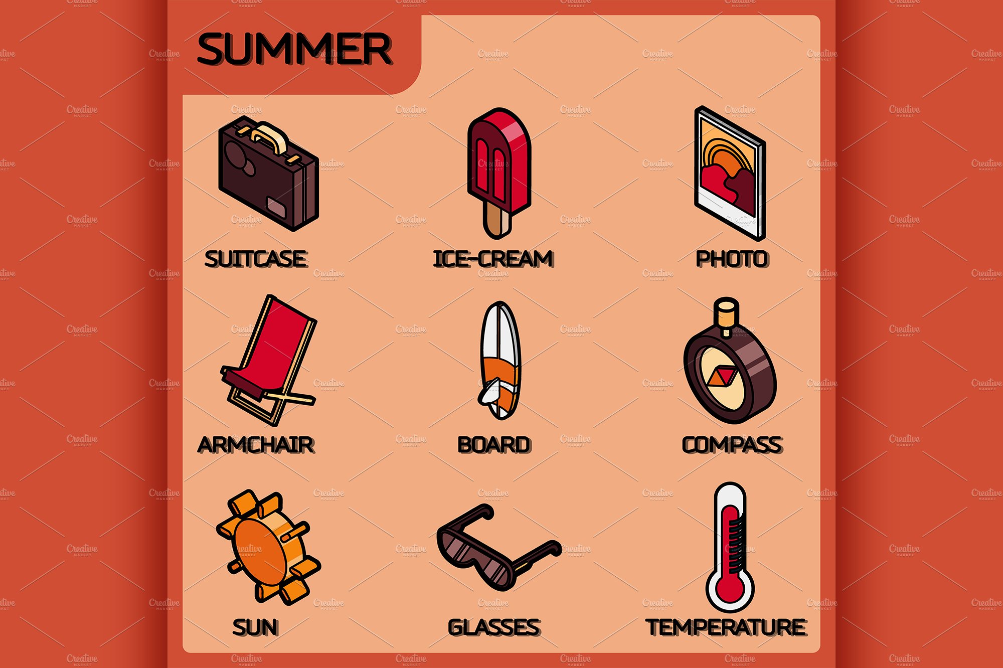 Summer color outline isometric icons cover image.