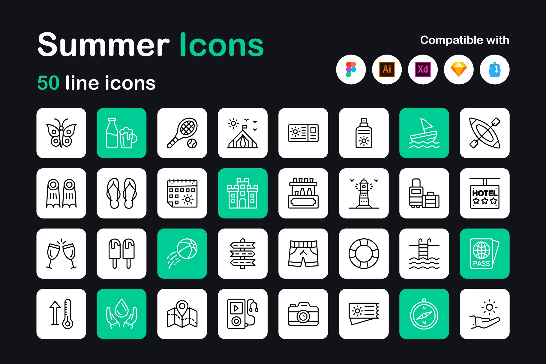 50 Summer Linear Icons cover image.