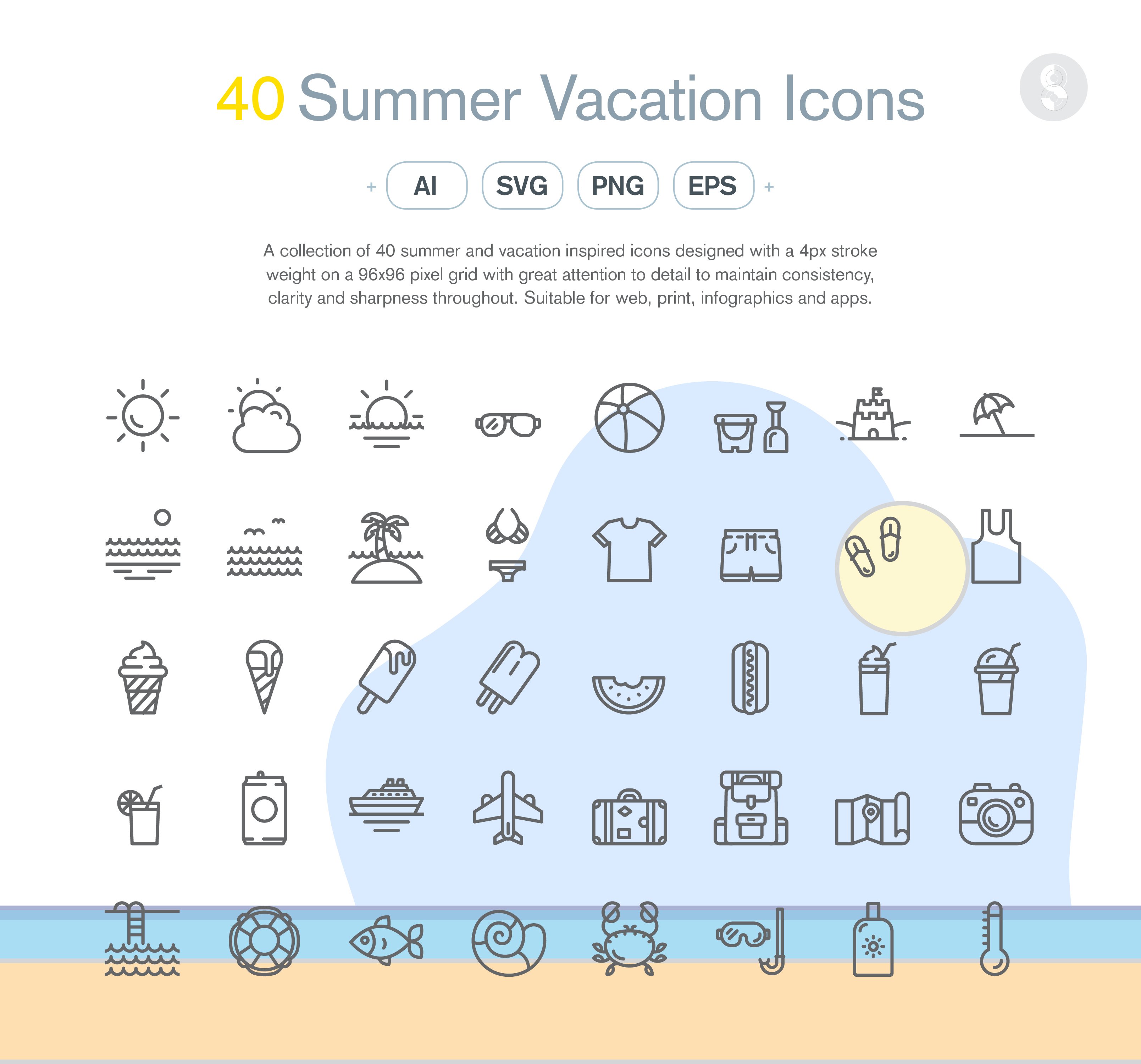 40 Summer Vacation Icons preview image.