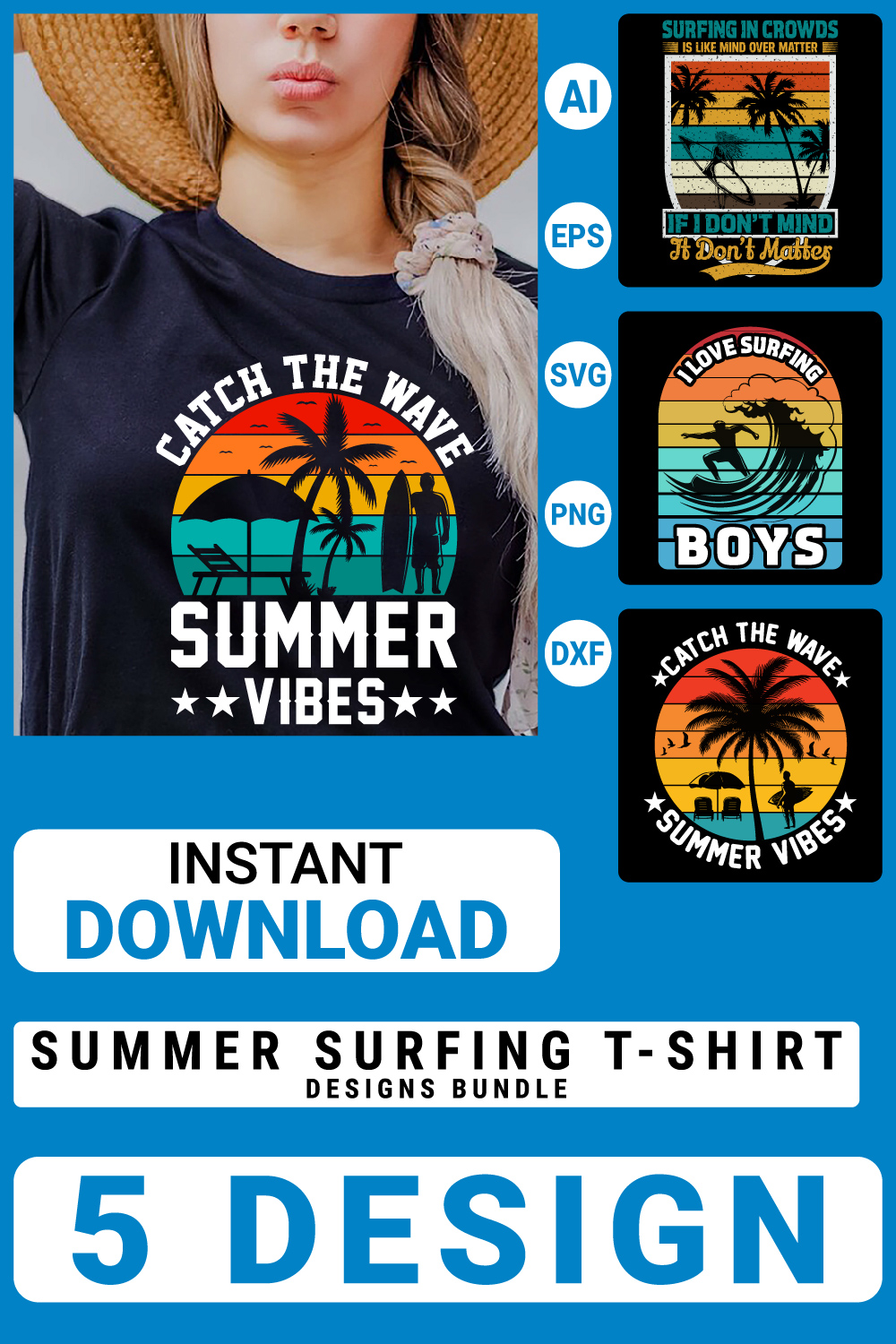 5 Summer surfing T-shirt design Bundle Summer t-shirt design vector Graphic T-shirt Collection pinterest preview image.