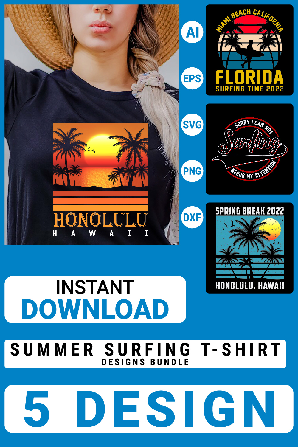 5 Summer surfing T-shirt design Bundle Summer t-shirt design vector Graphic T-shirt Collection pinterest preview image.