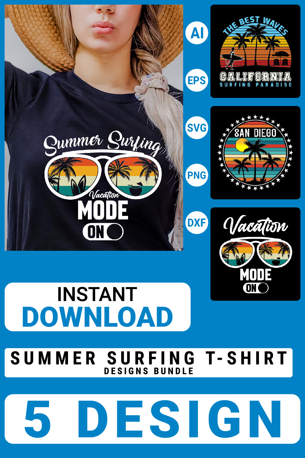 5 Summer T-shirt design Bundle Summer t-shirt design vector Graphic T-shirt Collection pinterest preview image.