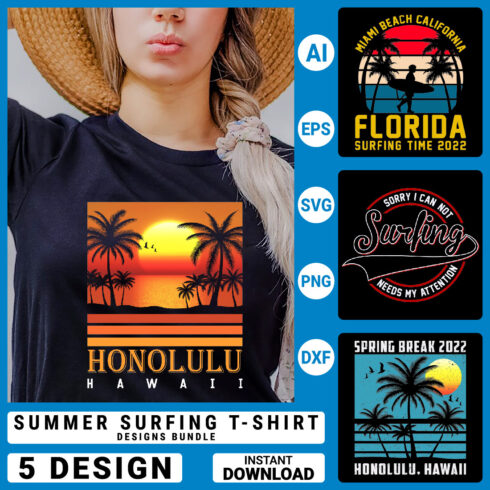 5 Summer surfing T-shirt design Bundle Summer t-shirt design vector Graphic T-shirt Collection cover image.