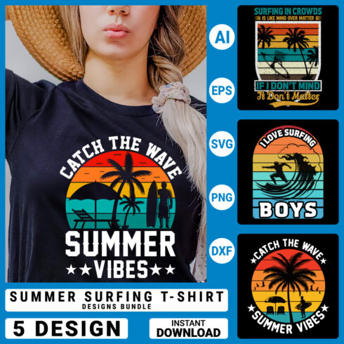 5 Summer surfing T-shirt design Bundle Summer t-shirt design vector Graphic T-shirt Collection cover image.