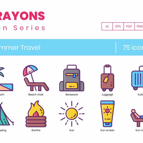 75 Summer Travel Icons | Crayons cover image.
