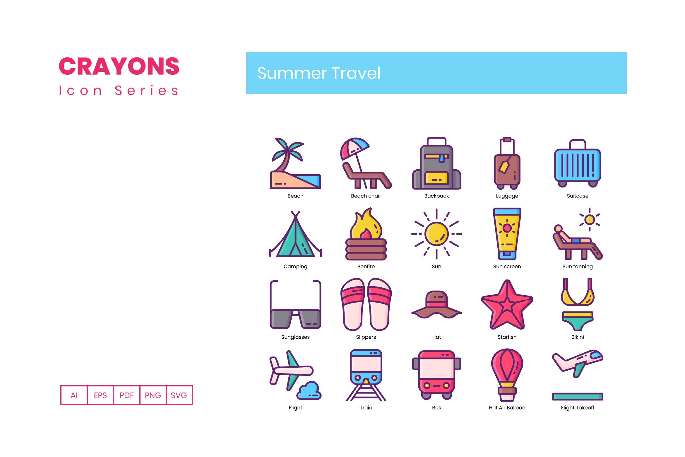 75 Summer Travel Icons | Crayons preview image.