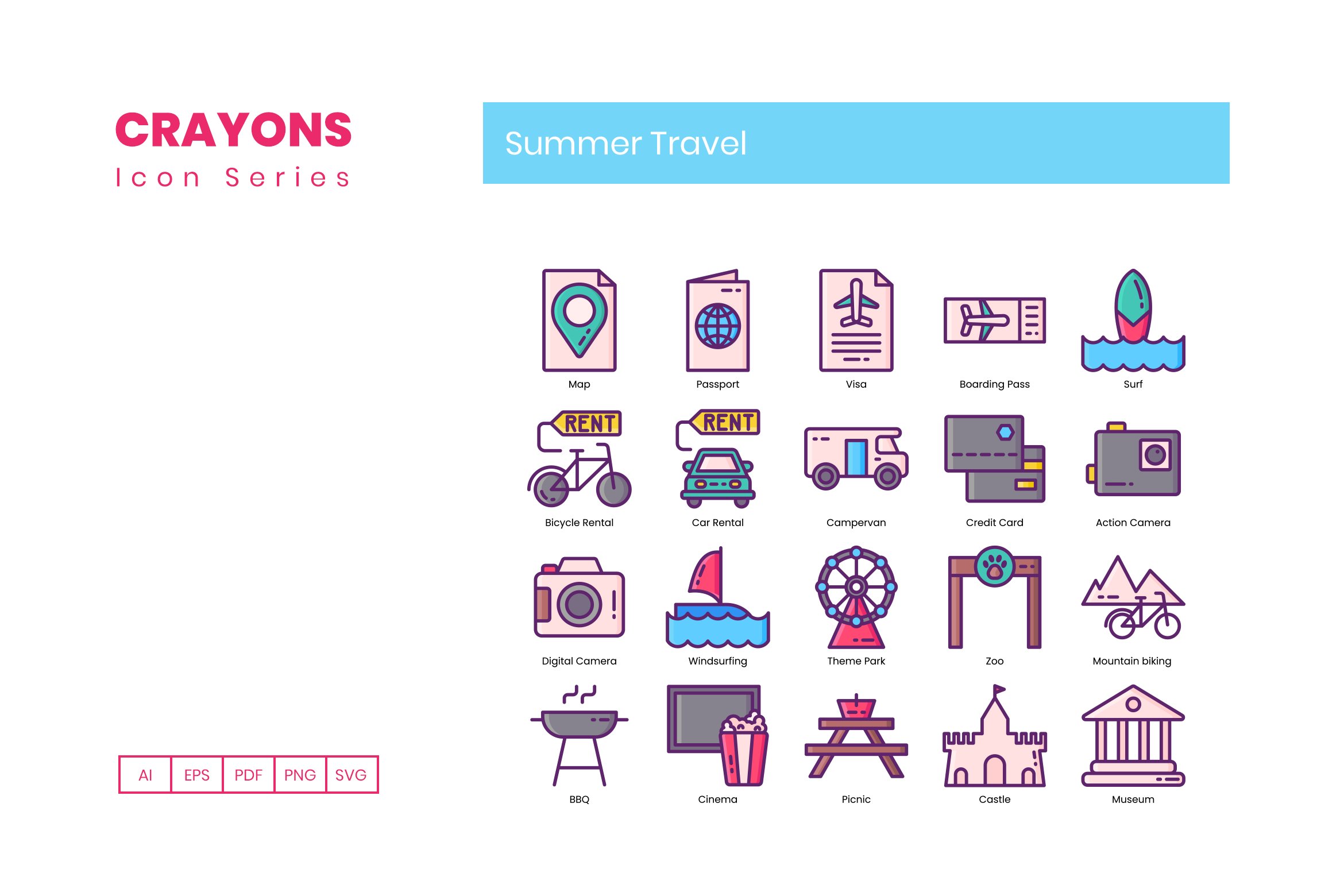 75 Summer Travel Icons  Crayons – MasterBundles