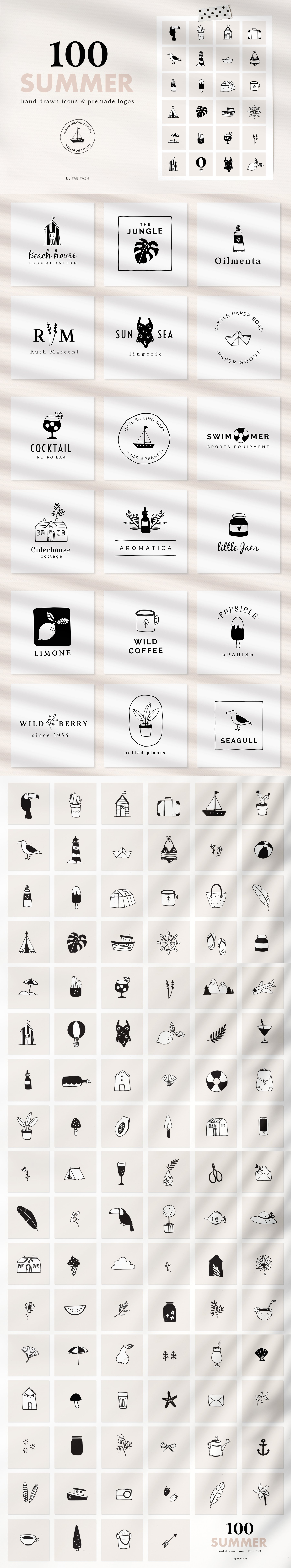 100 SUMMER hand drawn icons & logos cover image.