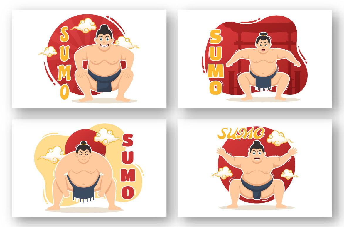 Set of four sumo wrestlers in different poses.