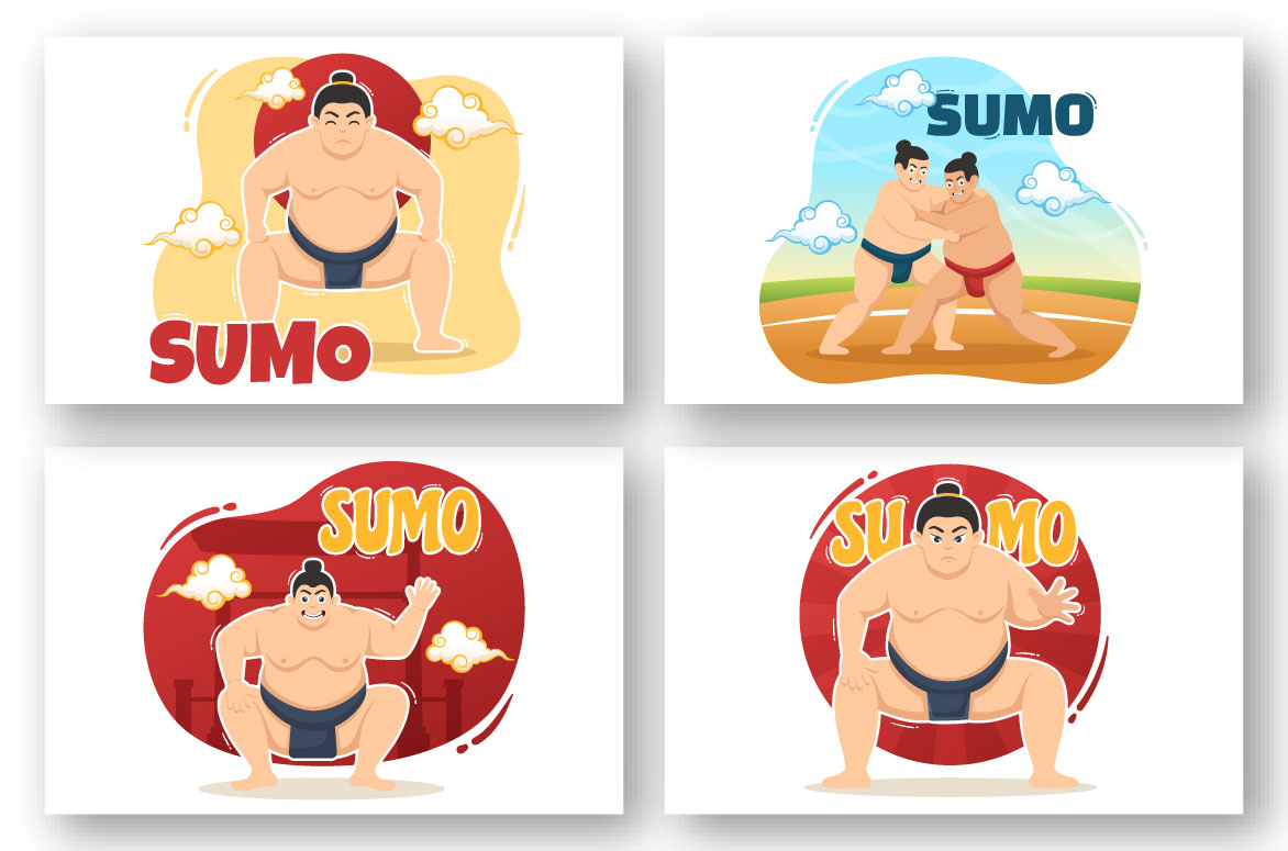 Set of four cartoon sumo wrestlers.