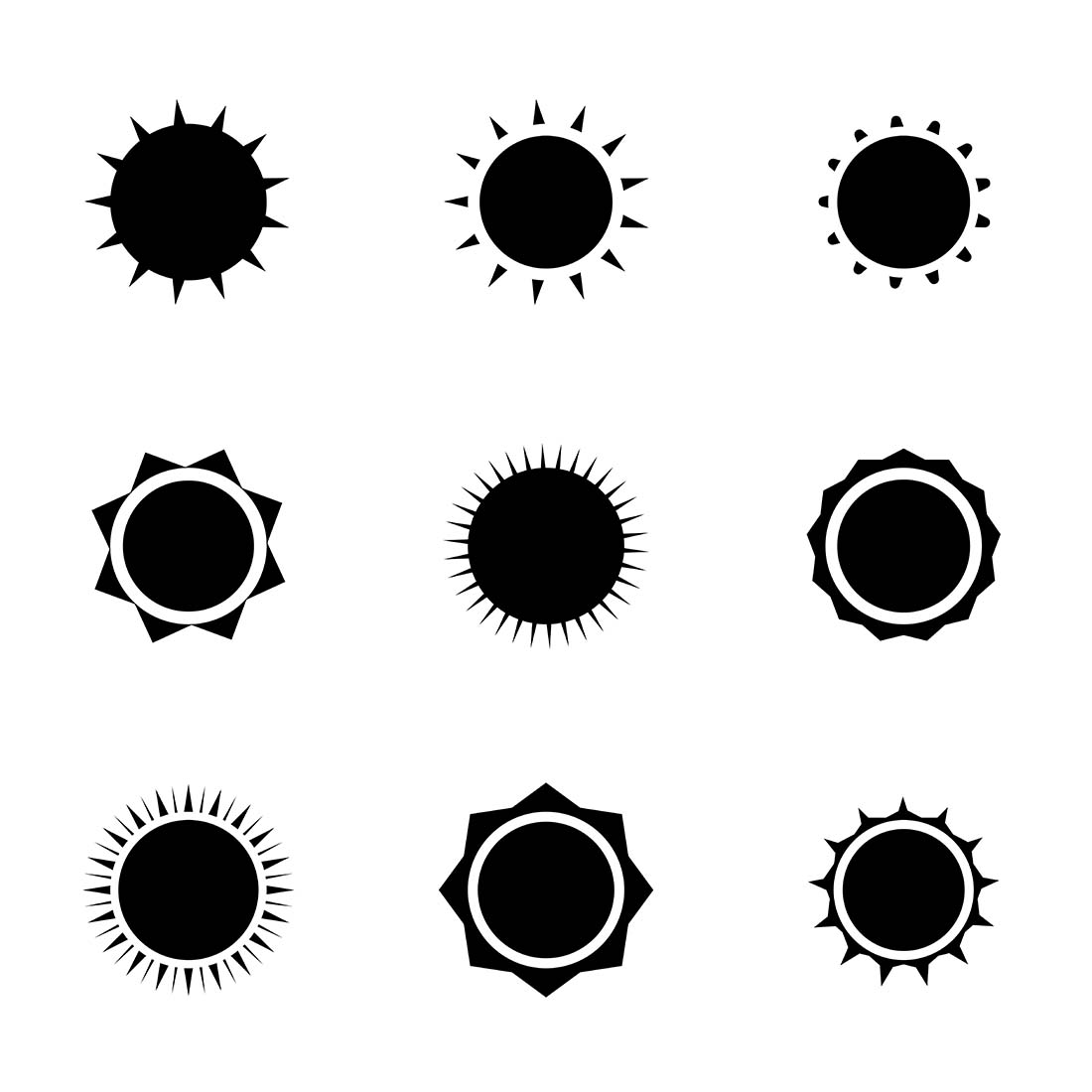 Set of black and white sun icons.