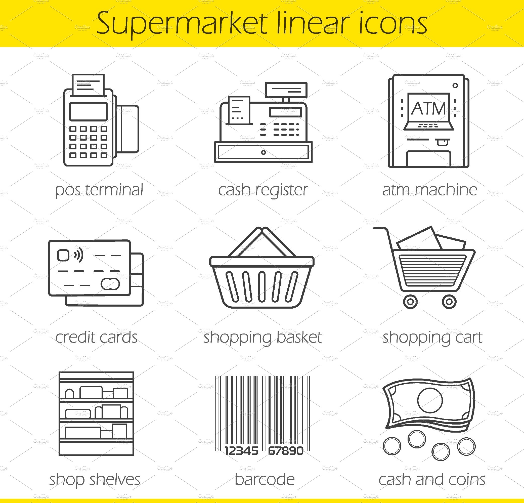 Supermarket shopping 9 icons. Vector cover image.