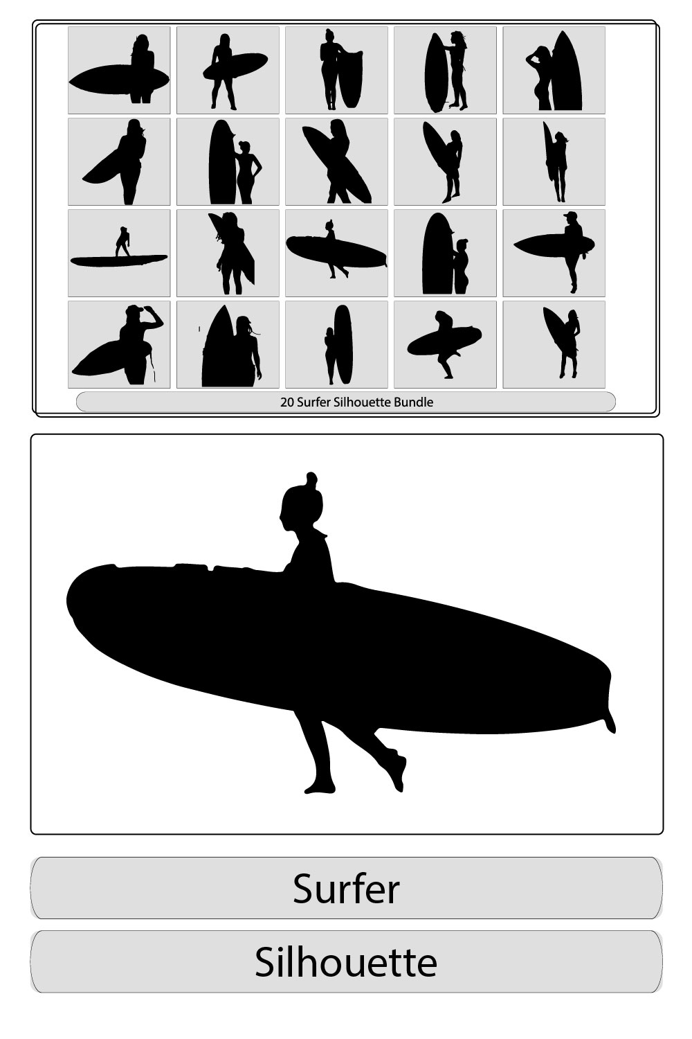 A set of high quality detailed silhouettes of a surfer surfing the waves on his surfboard pinterest preview image.