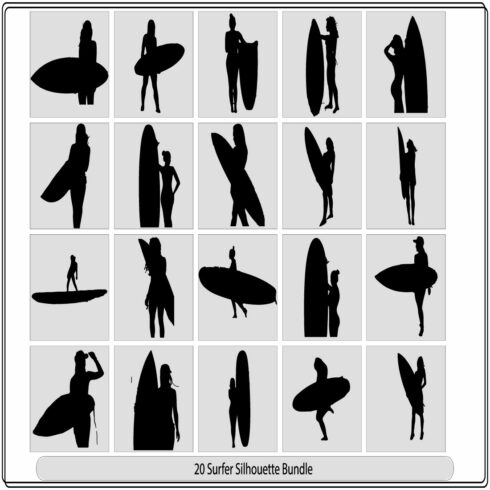 A set of high quality detailed silhouettes of a surfer surfing the waves on his surfboard cover image.