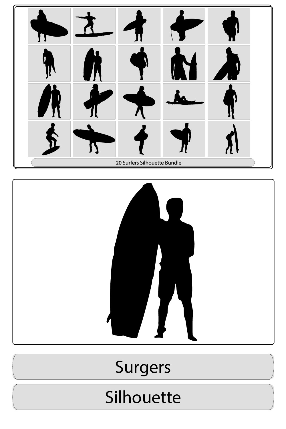 silhouettes of surfers,Black surfers with surfboards vector silhouettes set, pinterest preview image.