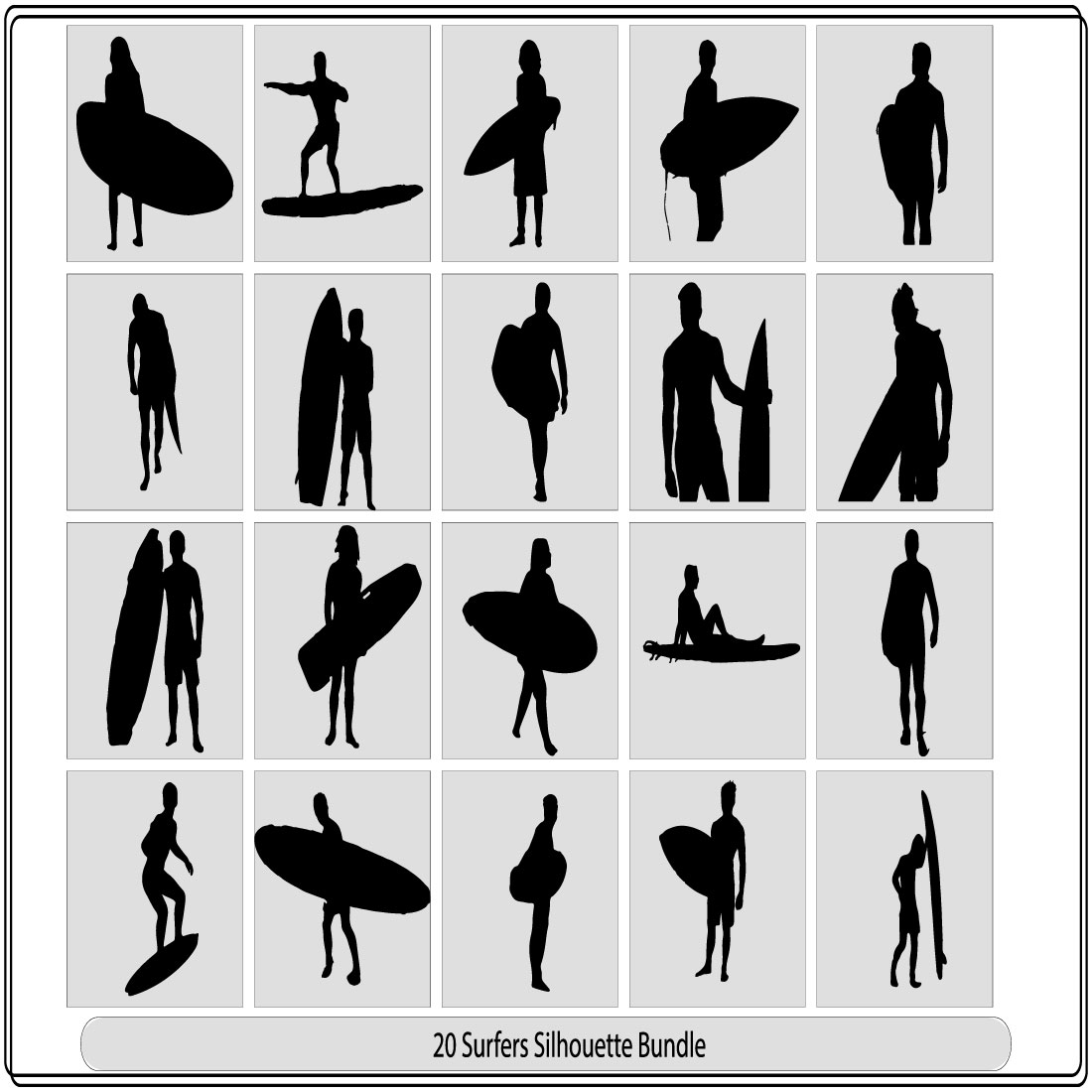 silhouettes of surfers,Black surfers with surfboards vector silhouettes set, preview image.