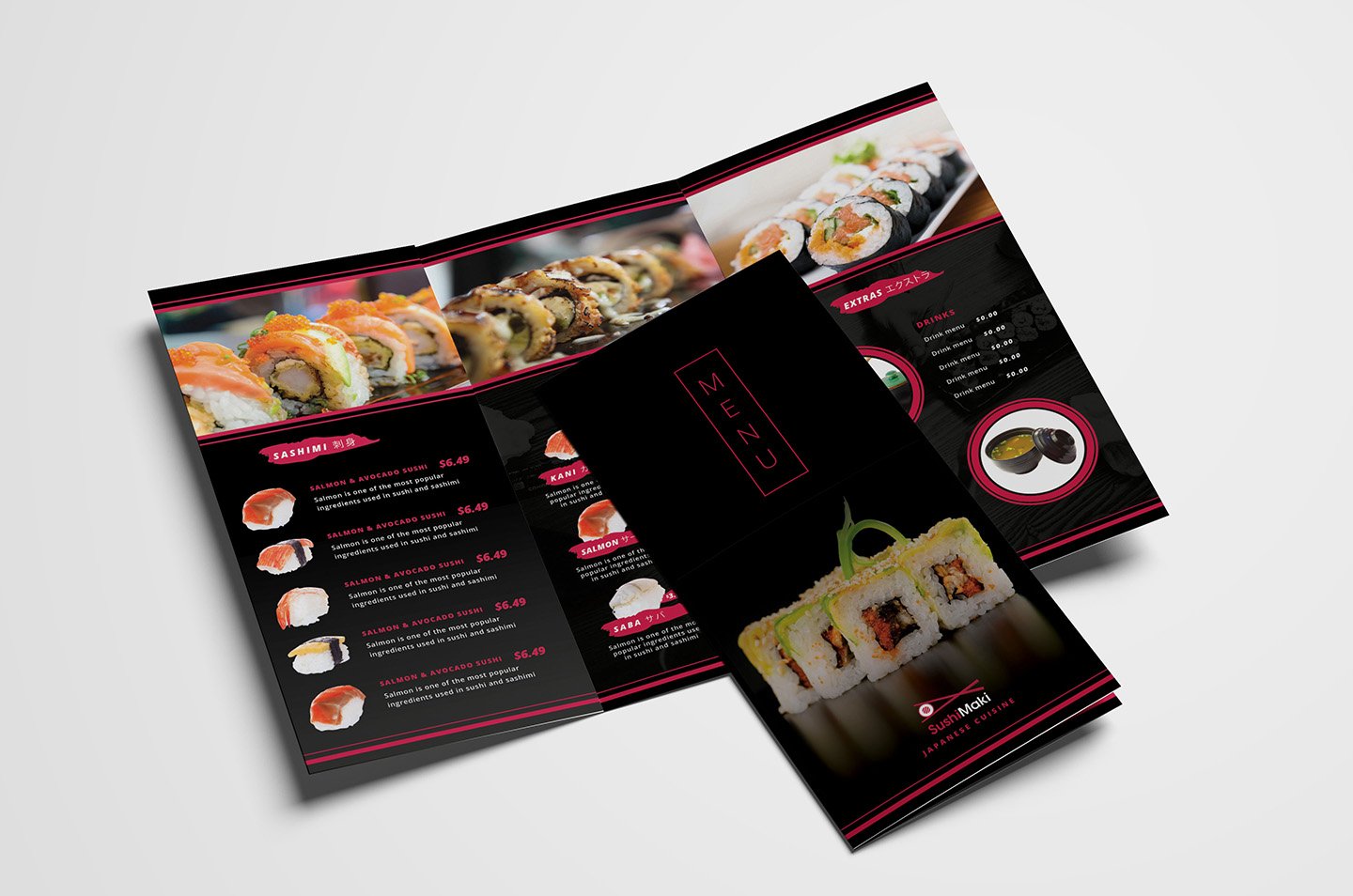 Trifold Sushi Menu Template preview image.