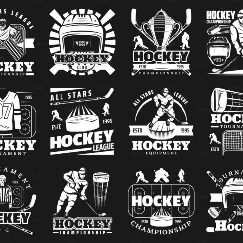 Ice hockey sport monochrome icons cover image.