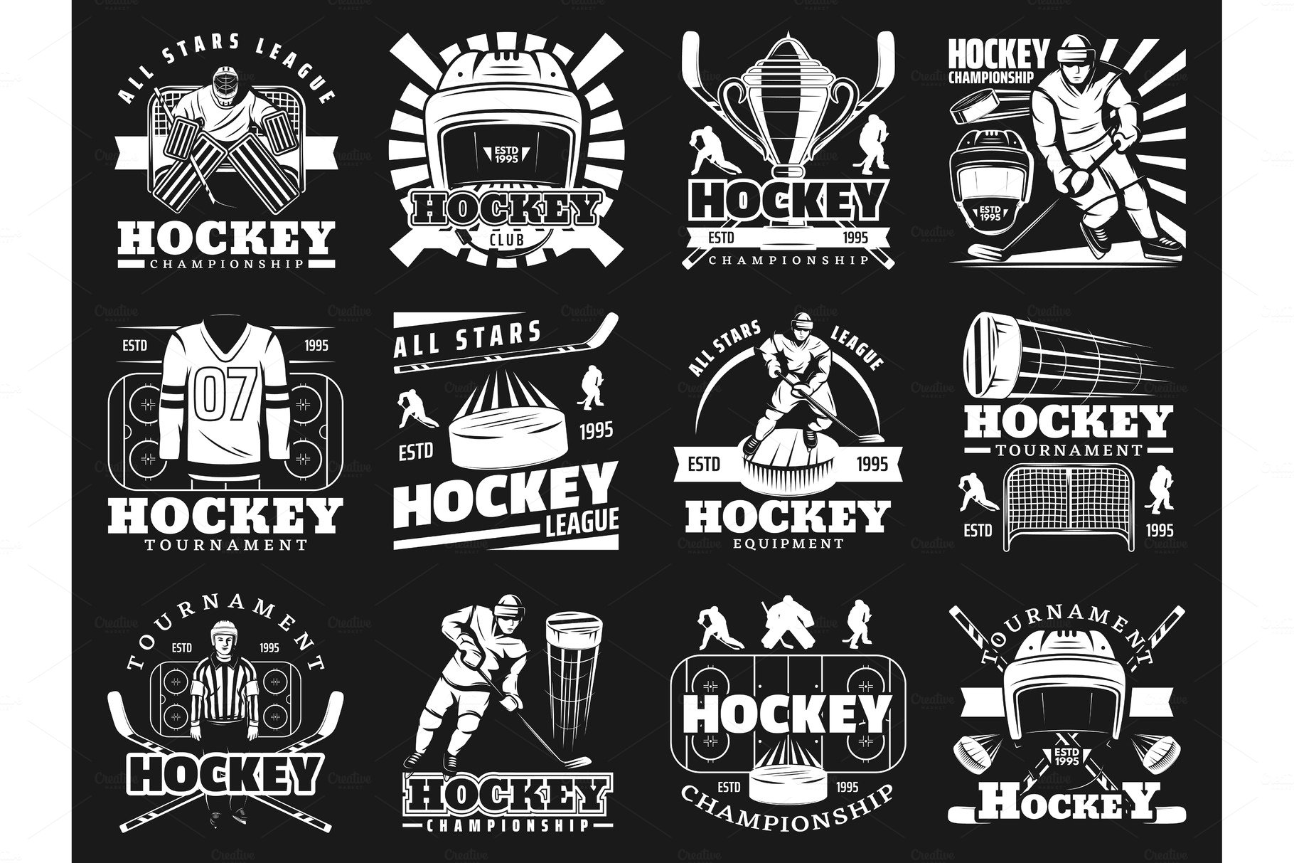 Ice hockey sport monochrome icons cover image.