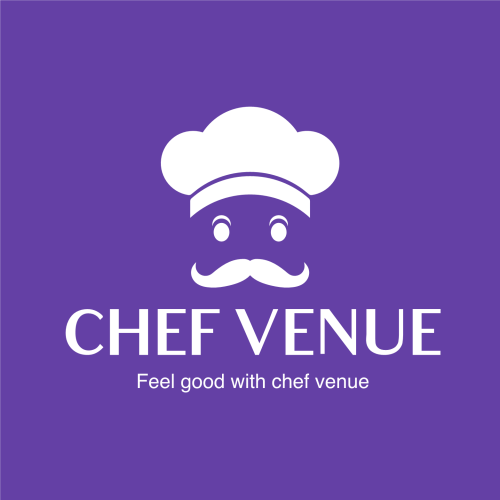 Purple background with a chef's hat and mustache.
