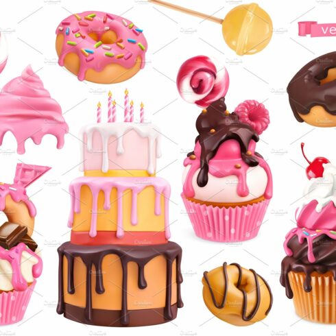 Cake, cupcakes, donuts, vector icons cover image.