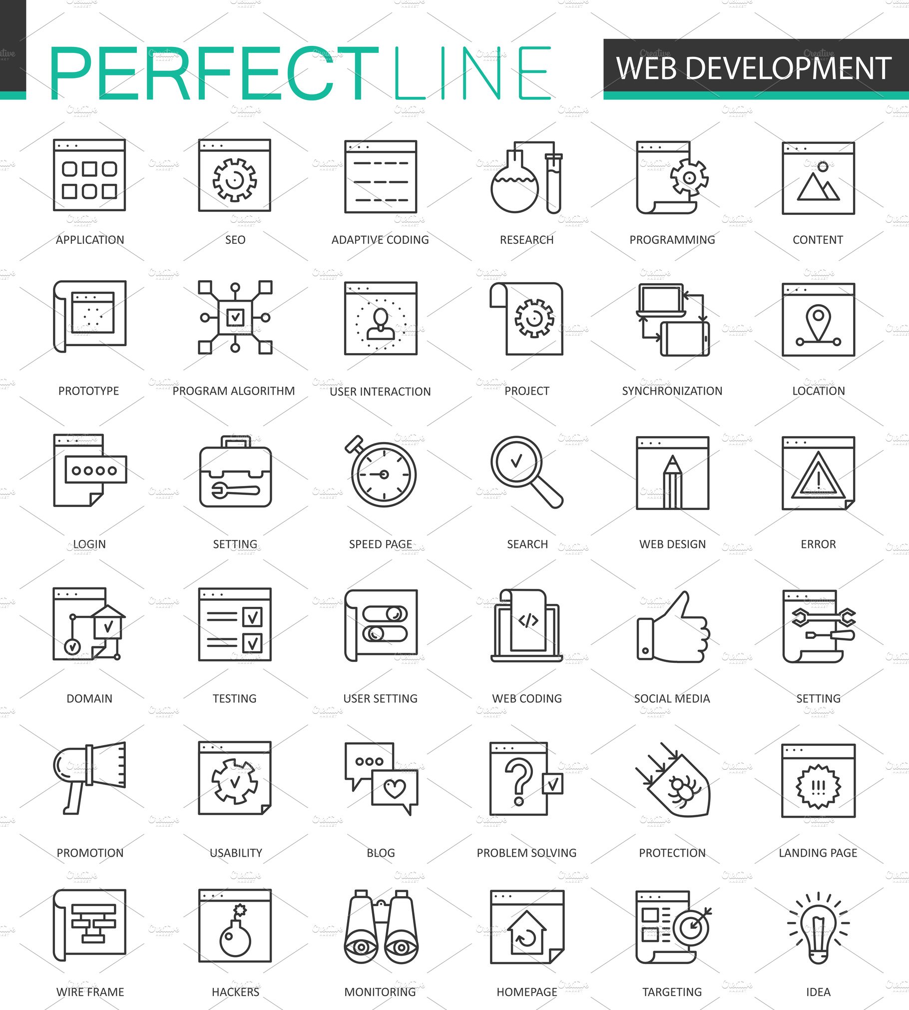 Web development thin line icons set cover image.