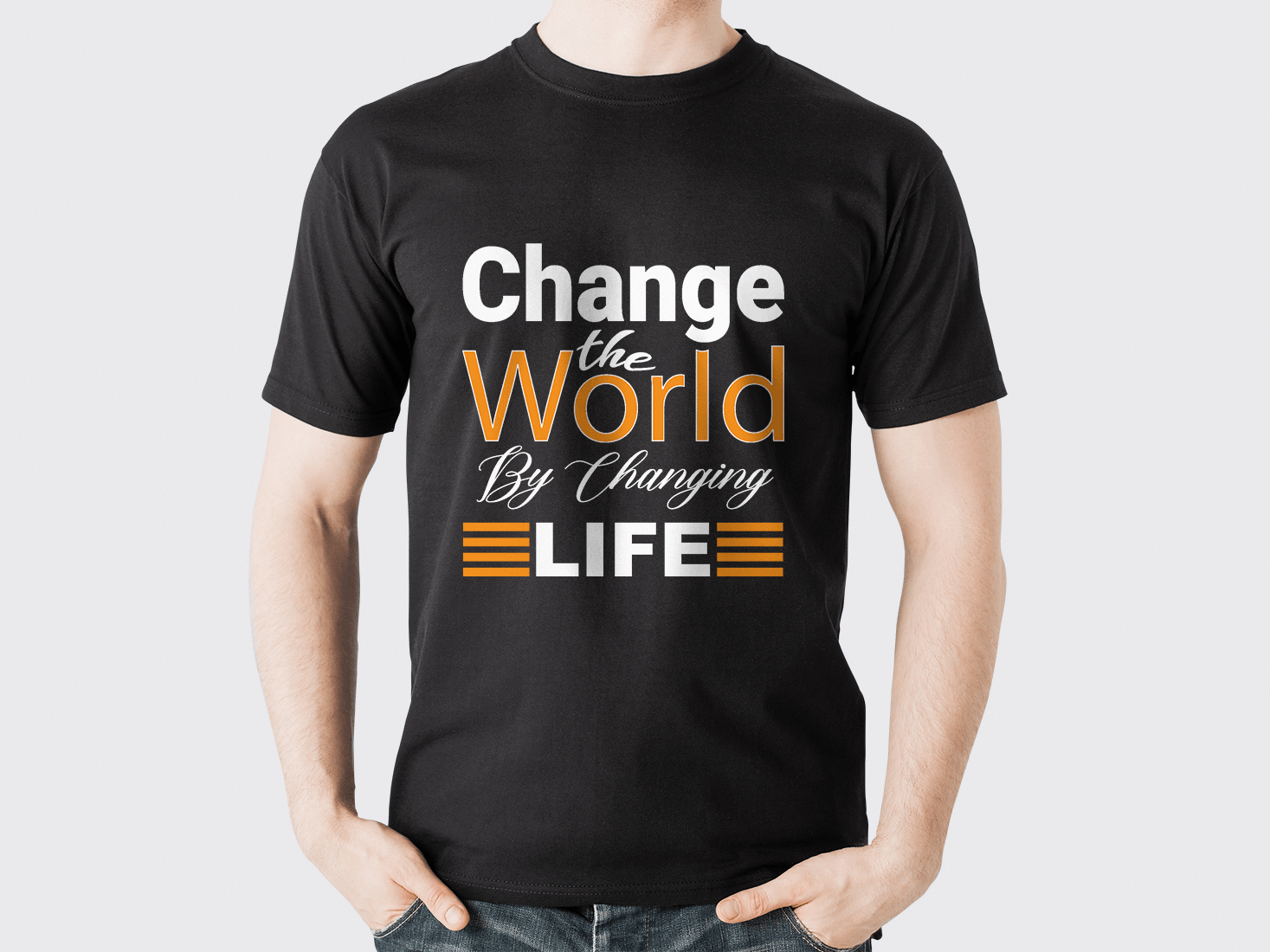 Man wearing a black t - shirt that says change the world by changing life.