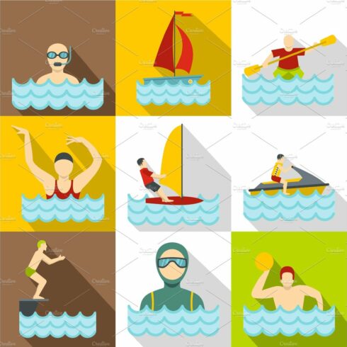Water sport icons set, flat style cover image.