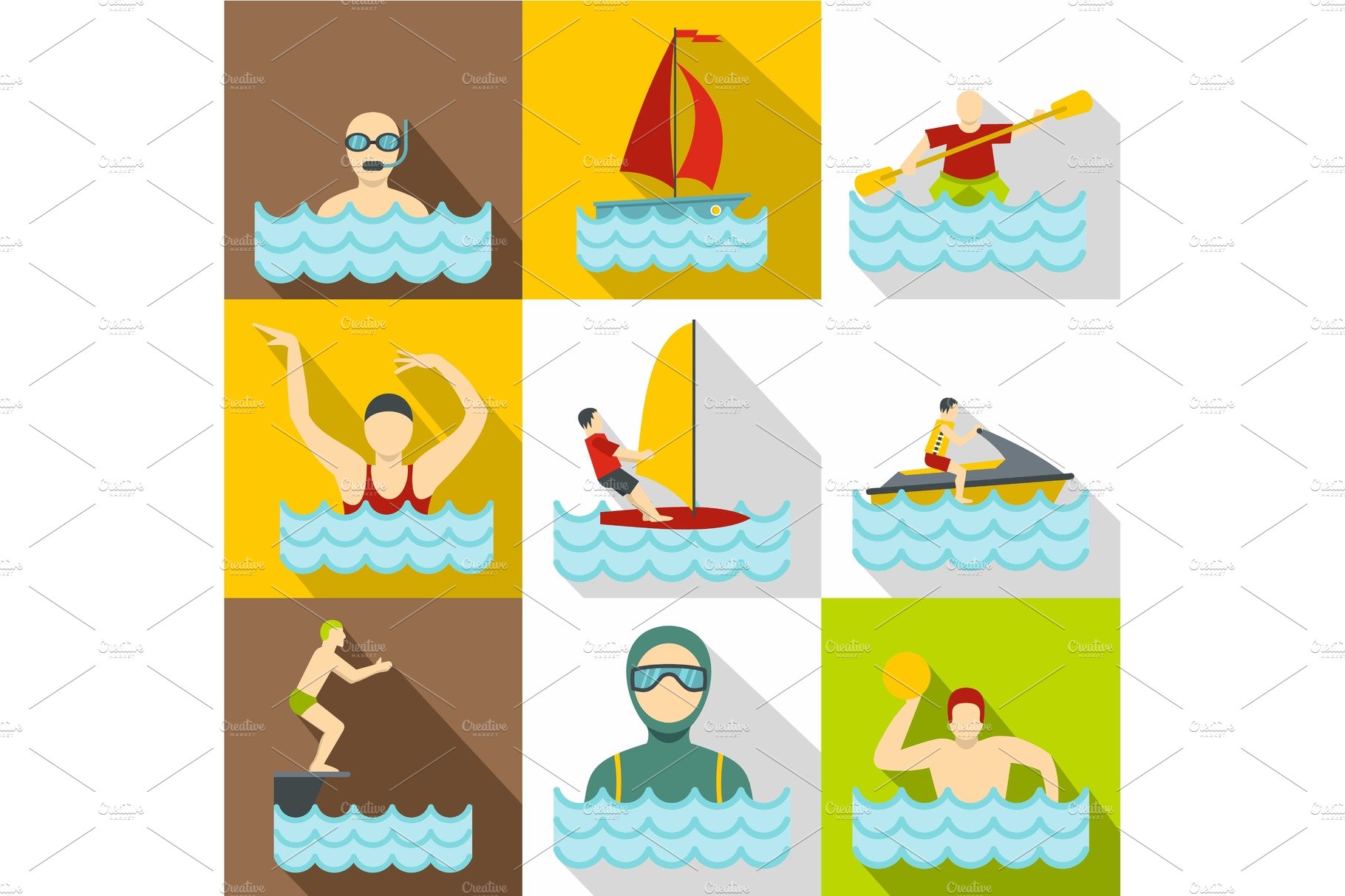 Water sport icons set, flat style cover image.